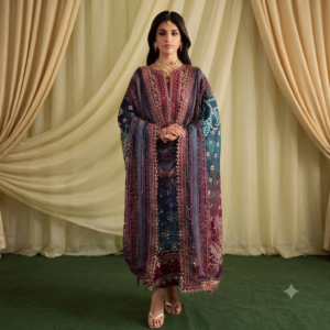 Royal Tapestry – Premium Deep Maroon & Teal Embroidered 3-Piece Suite