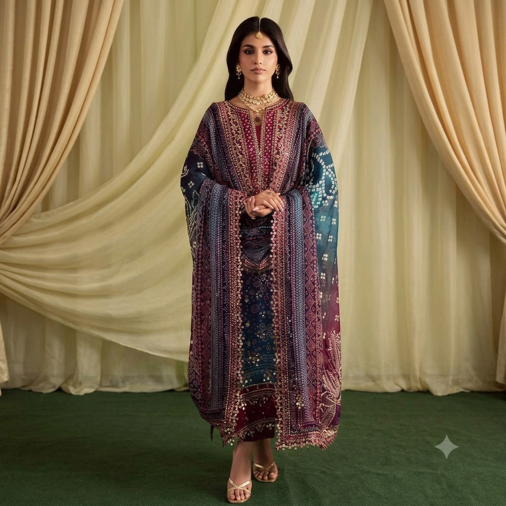 Royal Tapestry – Premium Deep Maroon & Teal Embroidered 3-Piece Suite