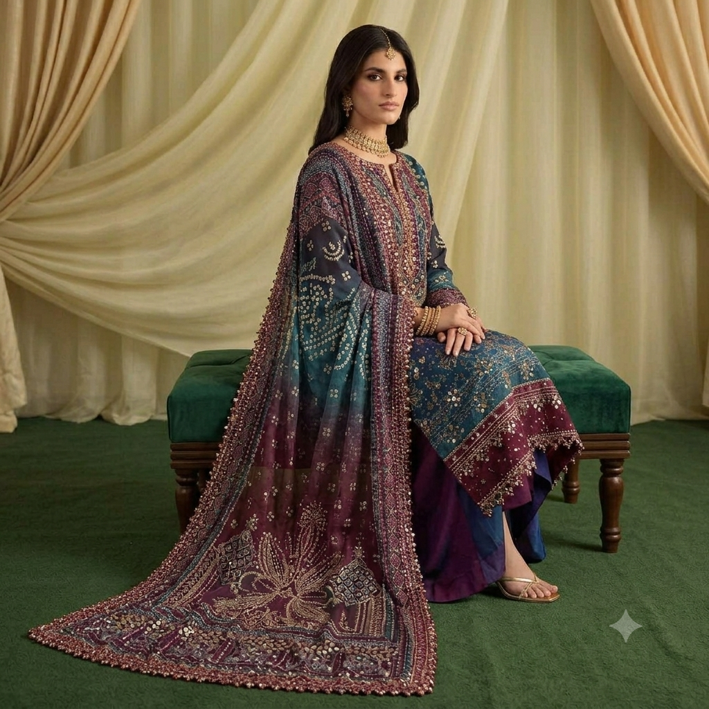 Royal Tapestry – Premium Deep Maroon & Teal Embroidered 3-Piece Suite - Image 2