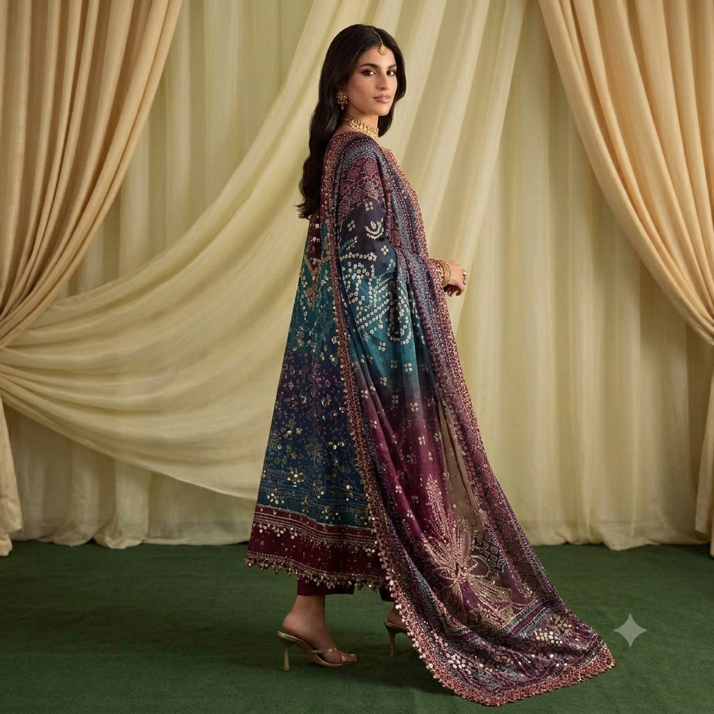 Royal Tapestry – Premium Deep Maroon & Teal Embroidered 3-Piece Suite - Image 3