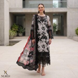 Monochrome Elegance – Premium Black & White Floral 3-Piece Suite