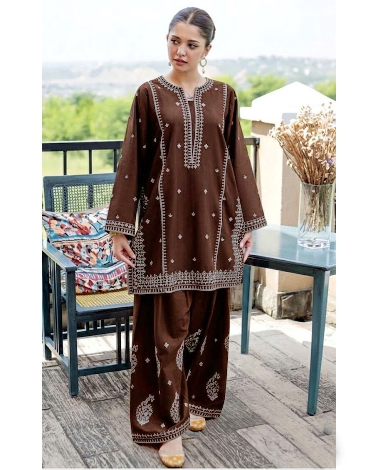 Mocha Elegance Embroidered Co-Ord Set