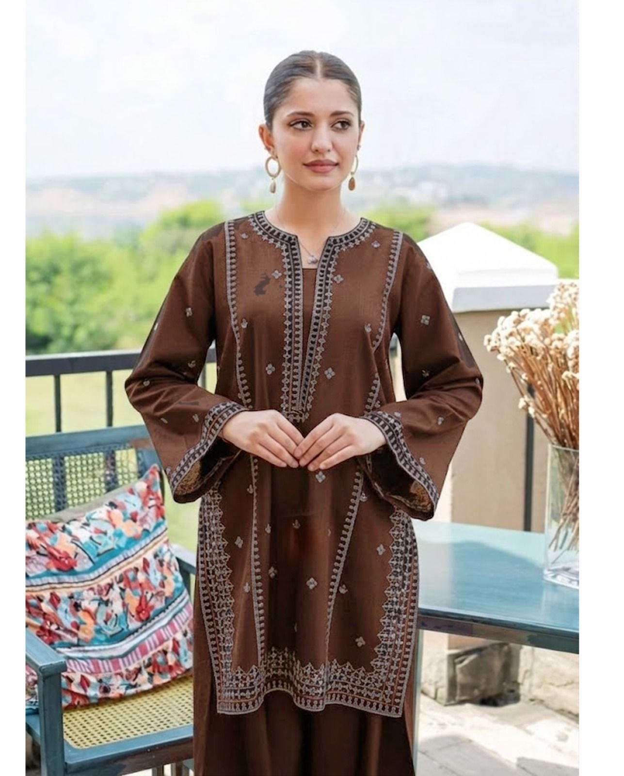 Mocha Elegance Embroidered Co-Ord Set - Image 2