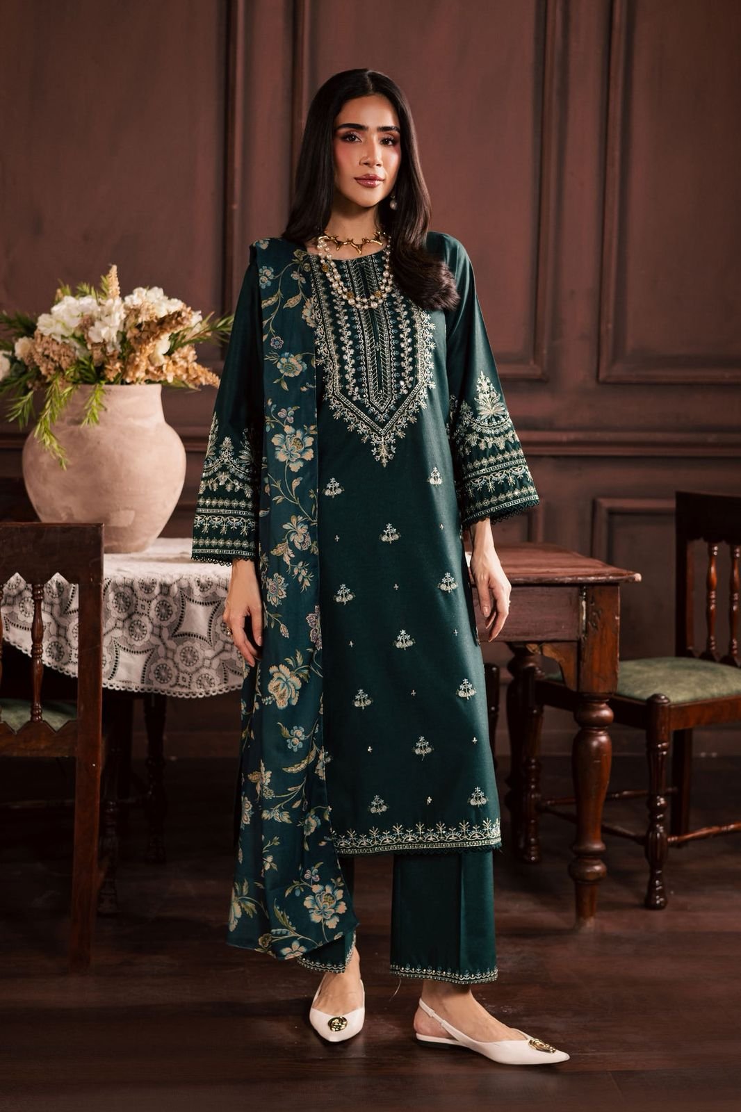 Emerald Blossom – Luxury Heritage Embroidered & Floral Print Suit - Image 3