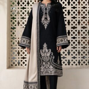 Midnight Elegance – Premium Monochromatic Embroidered Linen Ensemble